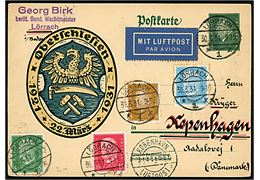 8 pfg. Ebert illustreret helsagsbrevkort Oberschlesien 1921-1931 opfrankeret med Ebert og Hindenburg udg. sendt som luftpost fra Lörrach d. 30.3.1931 til København, Danmark.