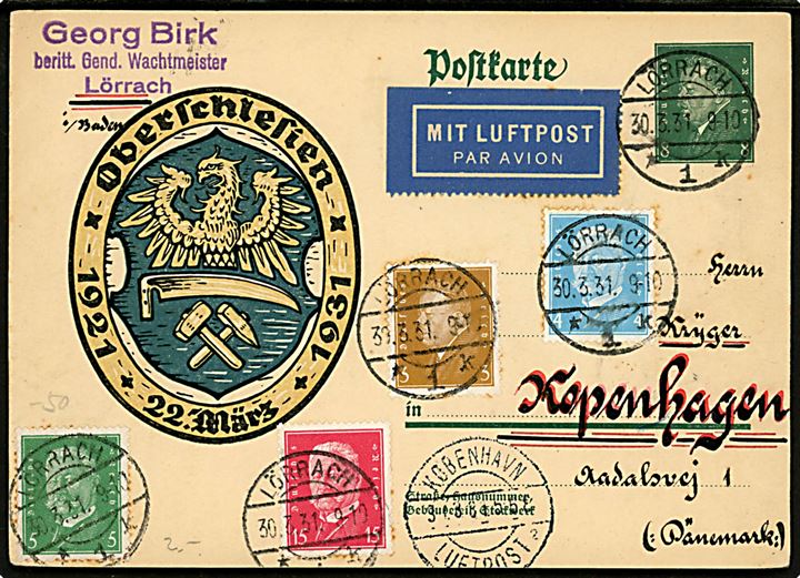 8 pfg. Ebert illustreret helsagsbrevkort Oberschlesien 1921-1931 opfrankeret med Ebert og Hindenburg udg. sendt som luftpost fra Lörrach d. 30.3.1931 til København, Danmark.