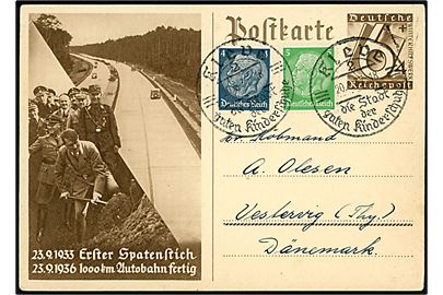 Adolf Hitler Autobahn. 6+4 pfg. illustreret helsagsbrevkort opfrankeret med 4 pfg. og 5 pfg. Hindenburg fra Kleve d. 20.2.1937 til Vestervig, Danmark. Hj.knæk.