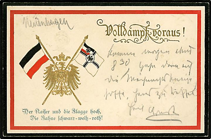 Tyskland, Volldampf voraus! Patriotisk reliefkort med Kaiser Wilhelm, rigsvåben og flag.