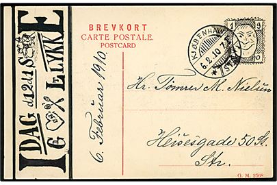 Håndtegnet fødselsdagshilsen dateret d. 6.2.1910 på bagsiden af brevkort med Københavns Rhed. G. M. no. 252568.