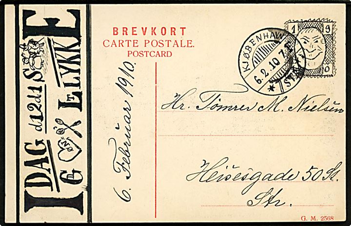 Håndtegnet fødselsdagshilsen dateret d. 6.2.1910 på bagsiden af brevkort med Københavns Rhed. G. M. no. 252568.