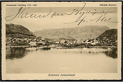 Kolonien Julianehaab. Officielt brevkort fra Grønlandsk Udstilling 1721-1921. Stenders u/no. Anvendt 1924.