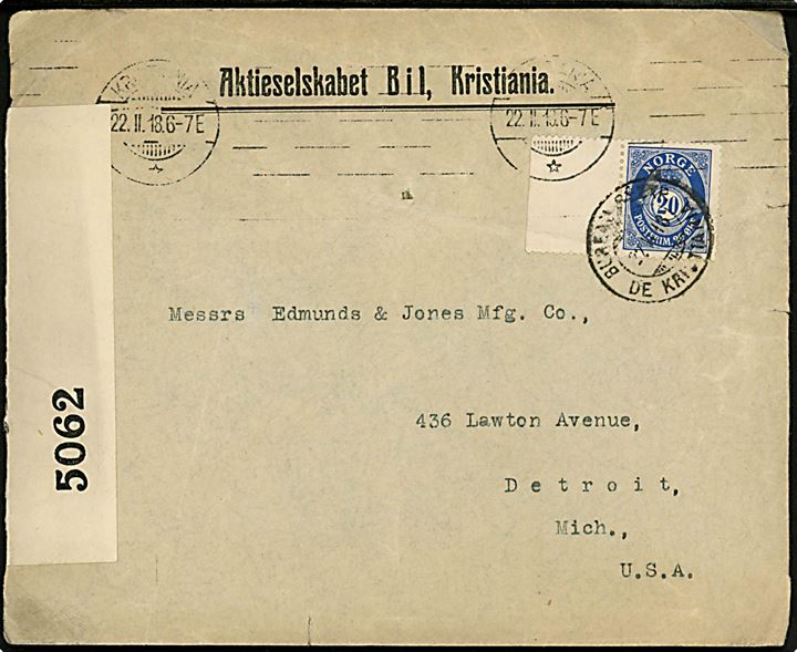 20 øre Posthorn på brev fra Kristiania d. 22.2.1916 til Detroit, USA. Åbnet af britisk censur no. 5062.