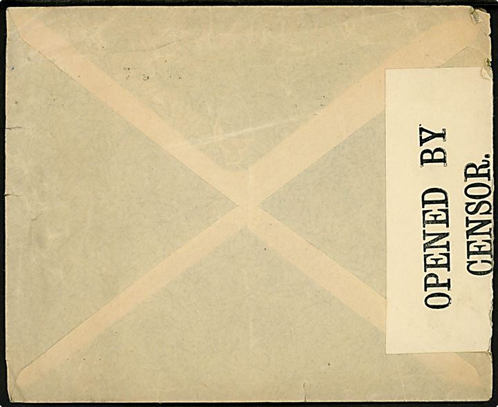 20 øre Posthorn på brev fra Kristiania d. 22.2.1916 til Detroit, USA. Åbnet af britisk censur no. 5062.