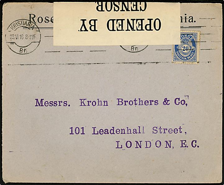20 øre Posthorn på brev fra Kristiania d. 23.6.1916 til London, England. Åbnet af britisk censur no. 4095.