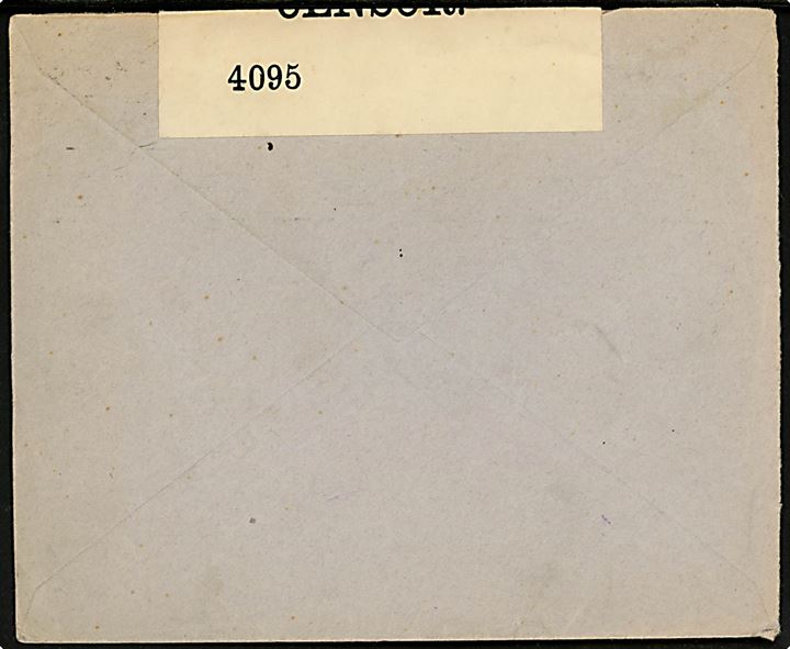 20 øre Posthorn på brev fra Kristiania d. 23.6.1916 til London, England. Åbnet af britisk censur no. 4095.