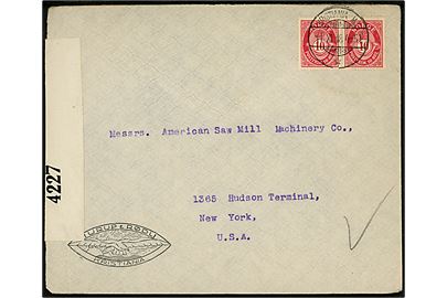 10 øre Posthorn i parstykke på brev fra firma Hurup & Rødli i Kristiania MJ. d. 11.11.1918 til New York, USA. Åbnet af britisk censur no. 4227. 