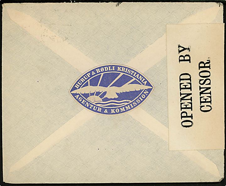 10 øre Posthorn i parstykke på brev fra firma Hurup & Rødli i Kristiania MJ. d. 11.11.1918 til New York, USA. Åbnet af britisk censur no. 4227. 