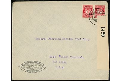 10 øre Posthorn i parstykke på brev fra firma Hurup & Rødli i Kristiania MJ. d. 6.11.1918 til New York, USA. Åbnet af britisk censur no. 1459. 