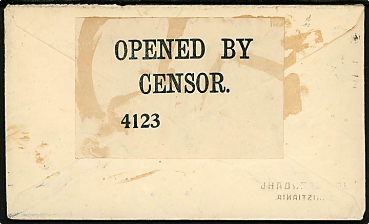 20 øre Posthorn på brev fra Kristiania d. 31.8.1917 til Boston, USA. Åbnet af britisk censur no. 4123.