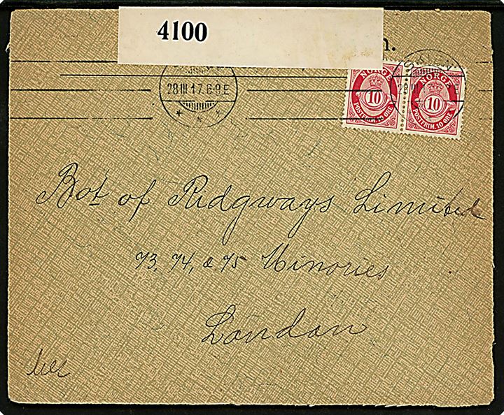 10 øre Posthorn i parstykke på brev fra Skien d. 28.3.1917 til London, England. Åbnet af britisk censur no. 4100.