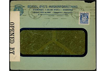 20 øre Posthorn på illustreret rudekuvert fra Bernh. Øye's Maskinforretning i Kristiania d. 7.3.1919 til ?. Åbnet af britisk censur no. 4993.