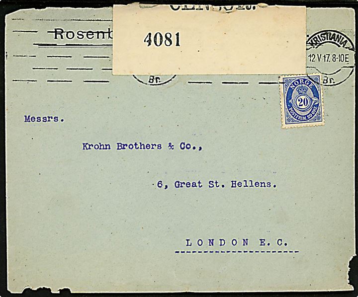 20 øre Posthorn på brev fra Kristiania d. 12.5.1917 til London. Åbnet af britisk censur no. 4081. Nusset.