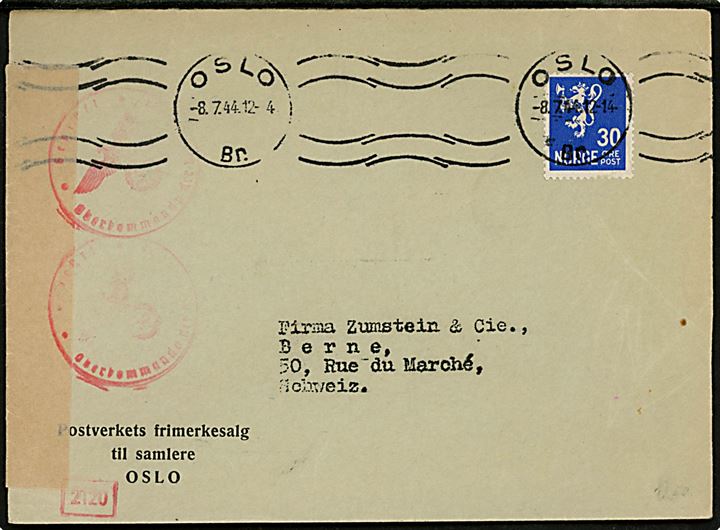 30 øre Løve single på brev fra Oslo d. 8.7.1944 til Bern, Schweiz. Åbnet af tysk censur med neutral lys banderole.
