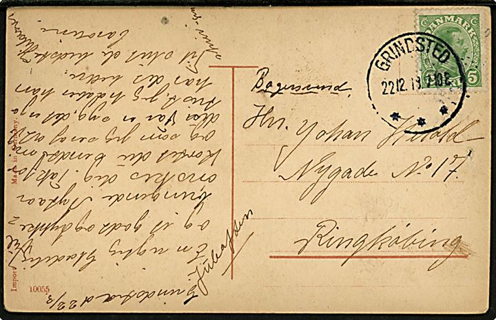 5 øre Chr. X på brevkort annulleret med brotype IIIb Grindsted *** d. 22.12.1918 til Ringkjøbing. Påskrevet Juleaften.