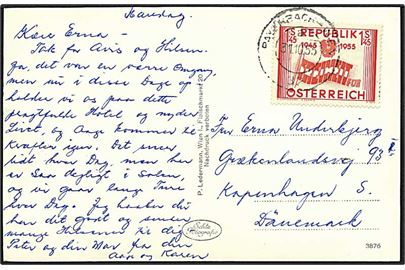 1,45 shilling rød på postkort fra Østrig d. 31.10.1955 til København.