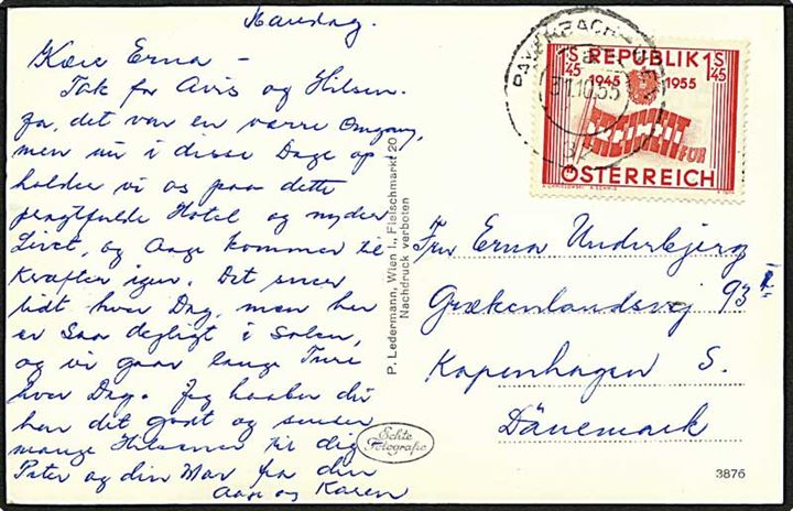 1,45 shilling rød på postkort fra Østrig d. 31.10.1955 til København.