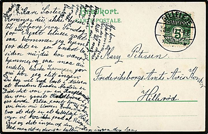 5 øre Bølgelinie på brevkort annulleret brotype Ia Gilleleje d. 30.8.1912 til Hillerød.