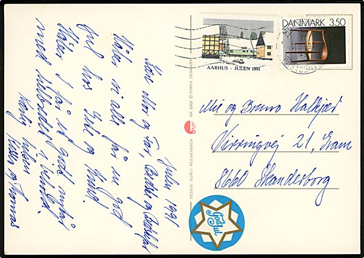 3,50 kr. Brugskunst og Aarhus Julen 1991 julemærke på brevkort annulleret Midtjyllands Postcenter d. 16.12.1991 til Skanderborg.