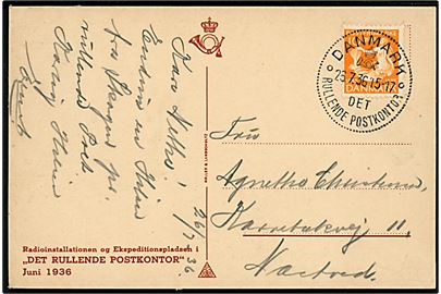 10 øre H. C. Andersen på brevkort annulleret med særstempel Danmark * Det rullende Postkontor * d. 26.7.1936 til Næstved. Det rullende Postkontor var opstillet i Skagen d. 26.7.1936 i forbindelse med optog og indsamling til Skagens Fortidsminder.