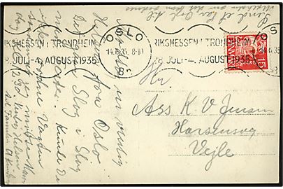 15 øre Karavel på brevkort (Oslo postkontor) annulleret med norsk TMS Riksmessen i Trondheim/Oslo d. 14.6.1935 til Vejle, Danmark.