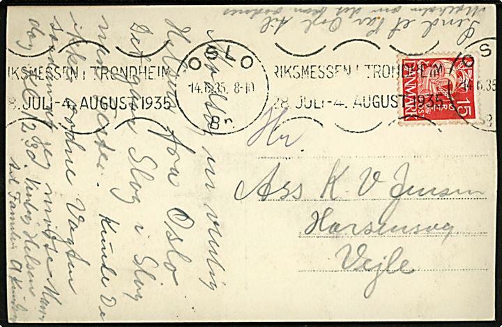 15 øre Karavel på brevkort (Oslo postkontor) annulleret med norsk TMS Riksmessen i Trondheim/Oslo d. 14.6.1935 til Vejle, Danmark.