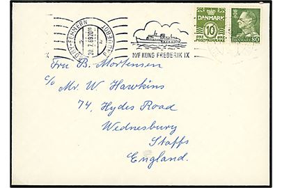 10 øre Bølgelinie og 80 øre Fr. IX på brev annulleret med håndrulle skibsstempel M/F Kong Frederik IX / Rødby - Fehmern Paquebot d. 20.7.1969 til Wednesbury, England.