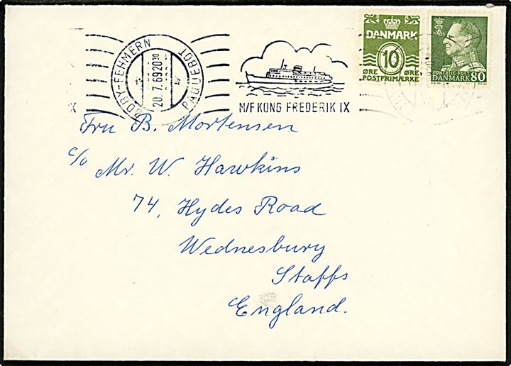 10 øre Bølgelinie og 80 øre Fr. IX på brev annulleret med håndrulle skibsstempel M/F Kong Frederik IX / Rødby - Fehmern Paquebot d. 20.7.1969 til Wednesbury, England.
