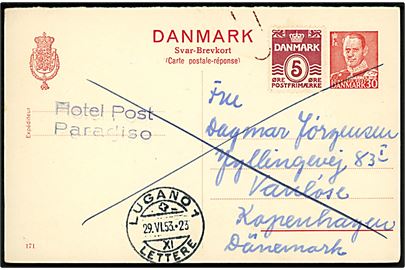 30 øre Fr. IX svardel af dobbelt helsagsbrevkort (fabr. 171) opfrankeret med 5 øre Bølgelinie fra Lugano d. 29.6.1953 til Vanløse, Danmark.
