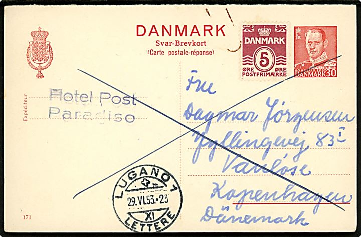 30 øre Fr. IX svardel af dobbelt helsagsbrevkort (fabr. 171) opfrankeret med 5 øre Bølgelinie fra Lugano d. 29.6.1953 til Vanløse, Danmark.