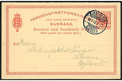 10 øre Fr. VIII dobbelt helsagsbrevkort annulleret med bureaustempel Kjøbenhavn - Gjedser T.73 d. 19.7.1913 til Plauen Vogtland, Tyskland. Vedhængende ubenyttet svardel. 