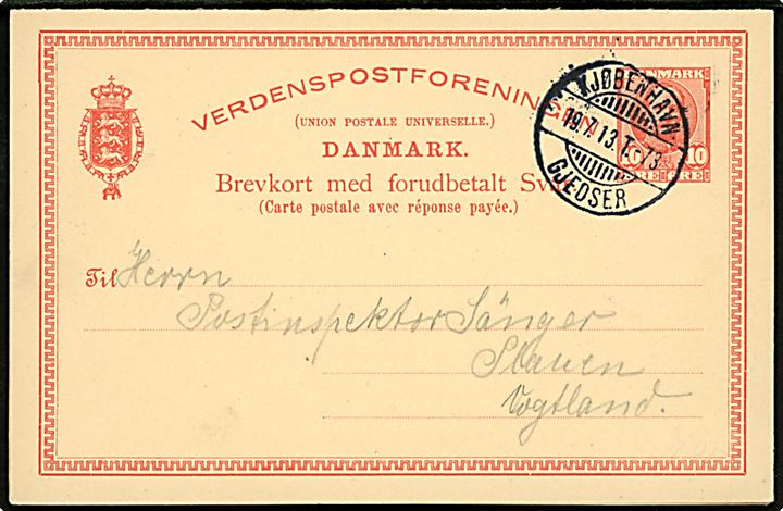 10 øre Fr. VIII dobbelt helsagsbrevkort annulleret med bureaustempel Kjøbenhavn - Gjedser T.73 d. 19.7.1913 til Plauen Vogtland, Tyskland. Vedhængende ubenyttet svardel. 