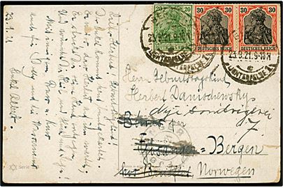 20 pfg. og 30 pfg. (par) Germania på infla postkort fra Berlin d. 23.9.1921 til Fjøsanger, Norge - eftersendt til Bergen.
