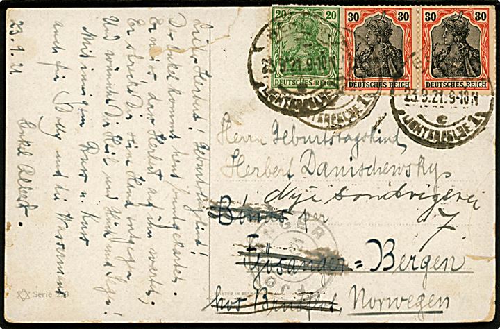 20 pfg. og 30 pfg. (par) Germania på infla postkort fra Berlin d. 23.9.1921 til Fjøsanger, Norge - eftersendt til Bergen.