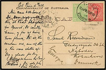 ½d og 1d på brevkort stemplet Pt. Pirie Sth Australia d. 20.4.1909 til København, Danmark. 