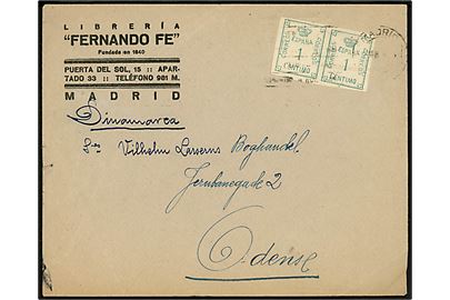 1 centimo utakket i parstykke på tryksag fra Madrid d. ?.3.1926 til Odense, Danmark.