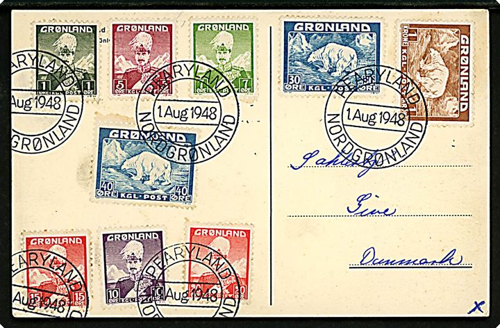 Komplet sæt Chr. X og Isbjørn på ekspeditions-brevkort annulleret Pearyland Nordgrønland d. 1.8.1948 til Give, Danmark.
