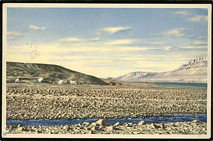Komplet sæt Chr. X og Isbjørn på ekspeditions-brevkort annulleret Pearyland Nordgrønland d. 1.8.1948 til Give, Danmark.