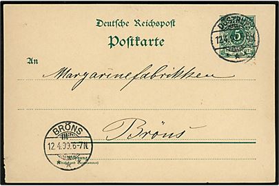 5 pfg. Ciffer helsagsbrevkort stemplet Döstrup d. 12.4.1899 til Brøns.