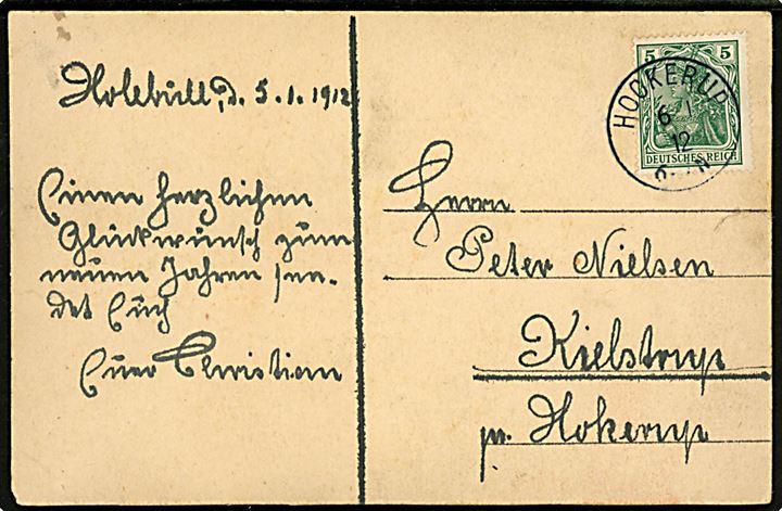5 pfg. Germania på brevkort fra Holebüll stemplet Hockerup ** d. 6.1.1912 til Kielstrup pr. Hockerup.