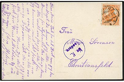 7½ pfg. Germania (defekt) på brevkort fra Hoyer d. 1?.6.1918 til Christiansfeld. Violet censurstempel: Ue. K. Tondern.
