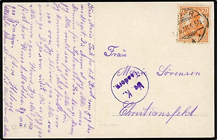 7½ pfg. Germania (defekt) på brevkort fra Hoyer d. 1?.6.1918 til Christiansfeld. Violet censurstempel: Ue. K. Tondern.