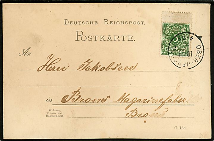 5 pfg. Ciffer på brevkort annulleret med enringsstempel Ober-Jersdal d. 18.11.1890 til Bröns.