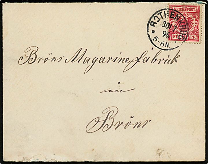 10 pfg. Adler på brev stemplet Rothenkrug d. 30.7.1896 til Brøns. Skramme.