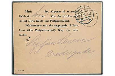 Samlekuvert S.8 6/29 til kuponer som skal godskrives girokonto stemplet Randers d. 11.3.1933.
