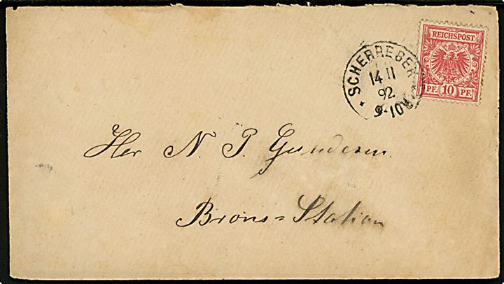 10 pfg. Adler single på brev annulleret med enringsstempel Scherrebek ** d. 14.11.1892 til Brøns.