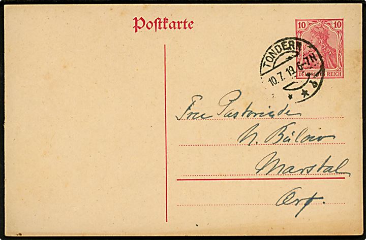 10 pfg. Germania helsagsbrevkort stemplet Tondern **b d. 10.7.1919 til Marstal på Ærø, Danmark.