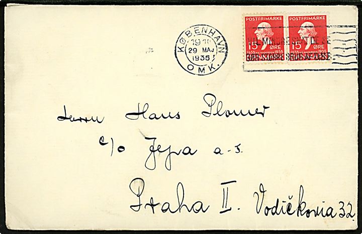 15 øre H. C. Andersen i parstykke på brev fra København d. 29.5.1936 til Prag, Tjekkoslovakiet.