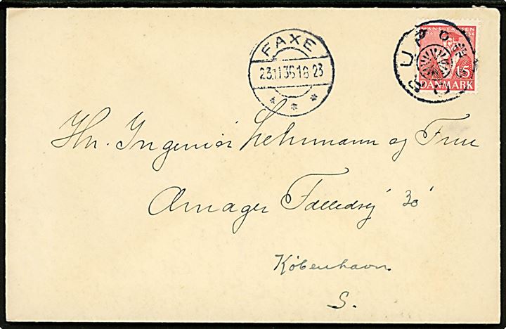 15 øre Tavsen på brev annulleret med stjernestempel ORUP og sidestemplet Faxe d. 23.11.1935 til København.